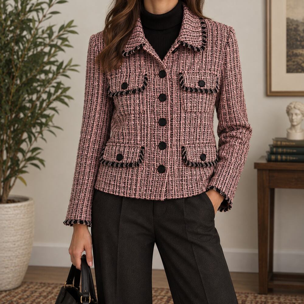 Evan Picone Womens Pink Tweed Lady Jacket Blazer Size 16W Fringe Mature Preppy